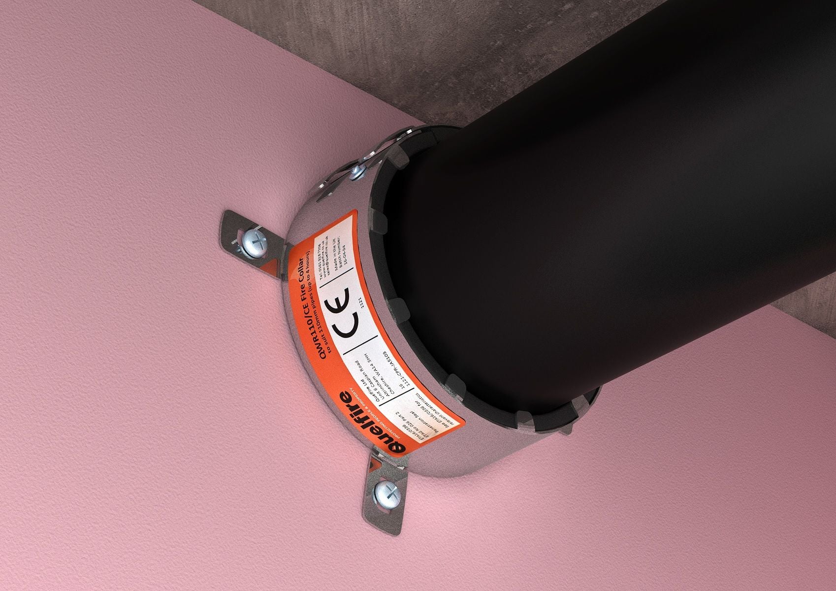A black pipe with a fire collar is installed through a pink wall or ceiling.