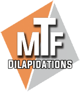Logo - Dilapidations MTF Dilapidations logo with orange and grey geometric background shapes.
