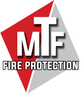 MTF Fire Protection logo with red and gray diamond shapes in the background.