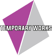 Logo - Temporary Works Purple and grey geometric logo with the words "TEMPORARY WORKS" across the center.