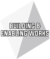 logo - building and enabling Text "Building & Enabling Works" on a grey geometric shape.